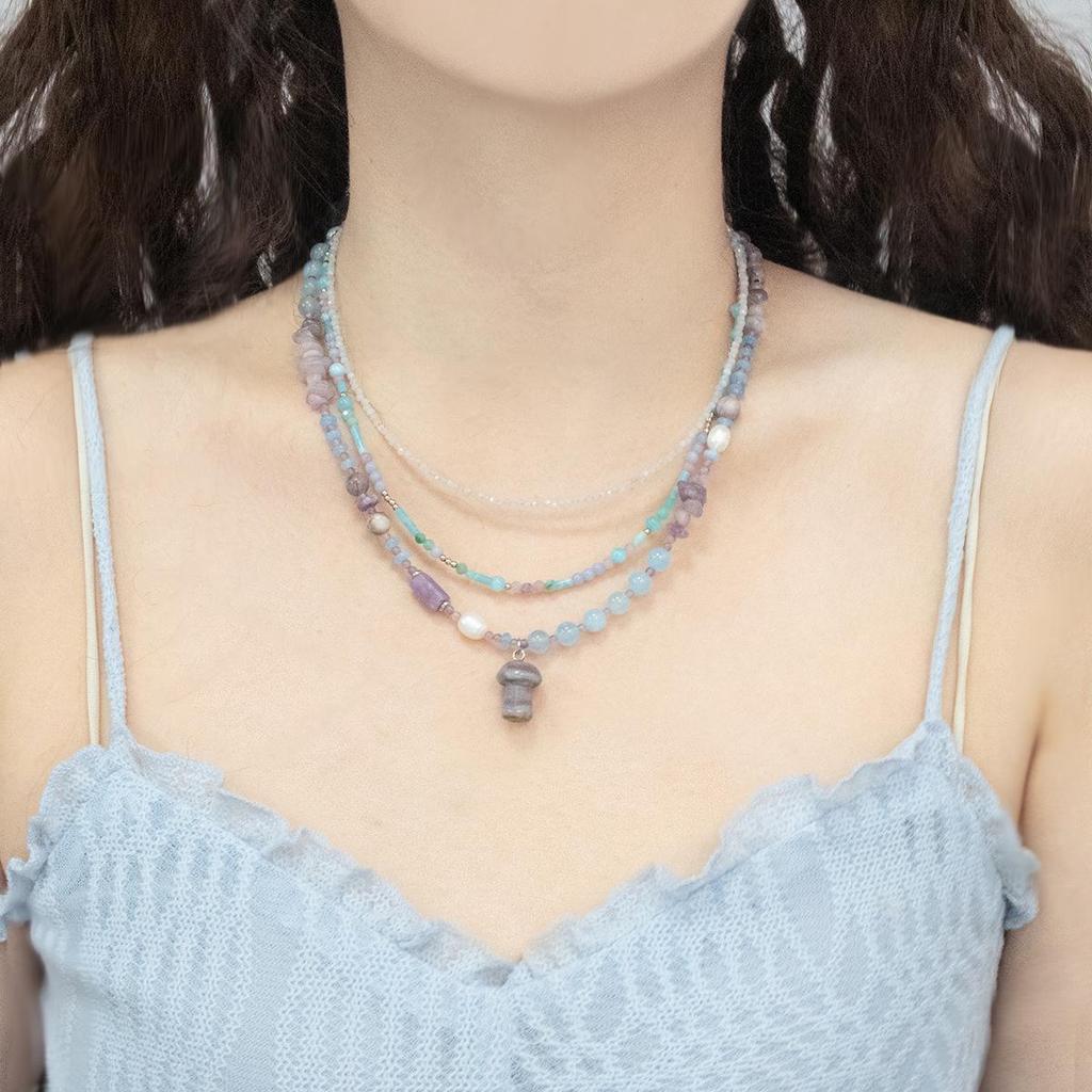 Pendentif Champignon en Lépidolite Pierre Naturelle Taro Lavande Chaîne de Clavicule - Style Jardin Monet Coréen