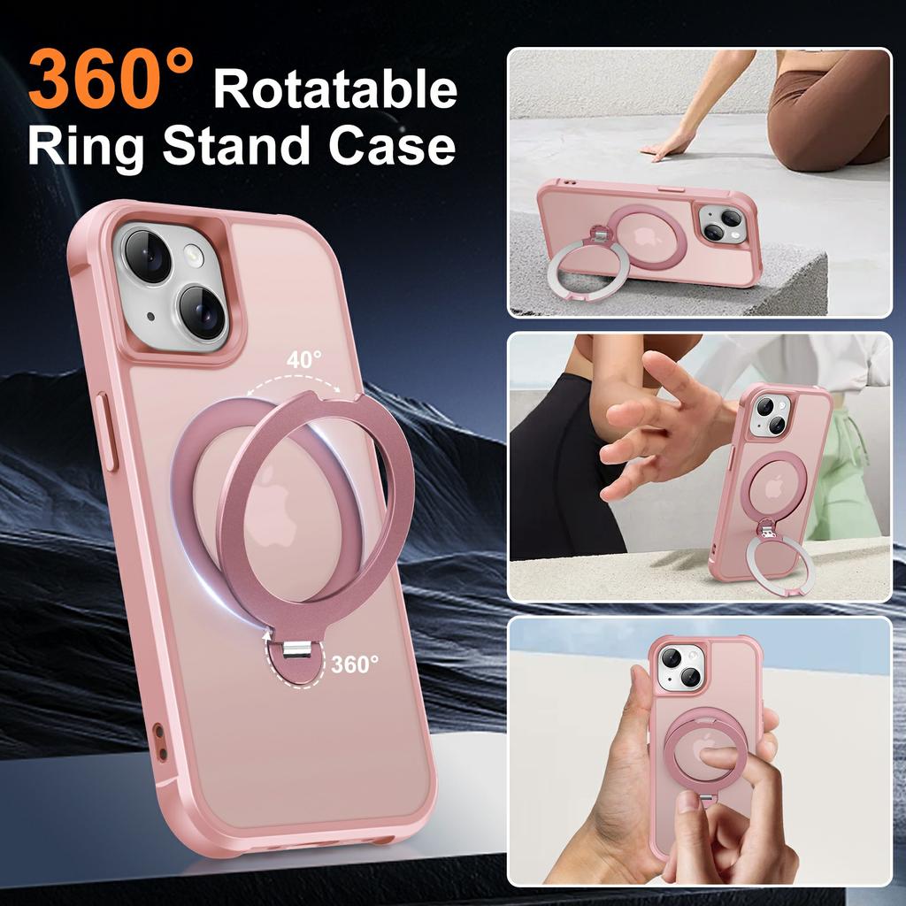 For iPhone 15 Case Compatible with MagSafe Rotatable Kickstand TPU+PC Shockproof Phone Cover