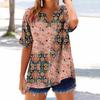 Women's loose printed stand collar short-sleeved cotton and linen top