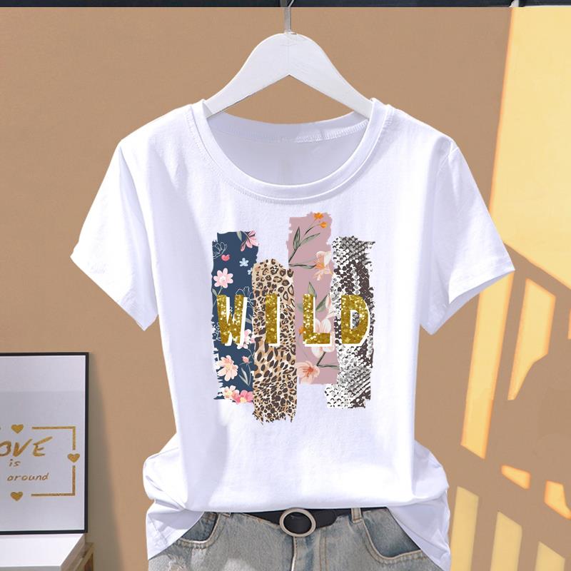(Asian Size) leopard letter trend Top O-neck Tee Fashion Print Casual Short Sleeve T-shirts T Graphic Female Women's Clothing
