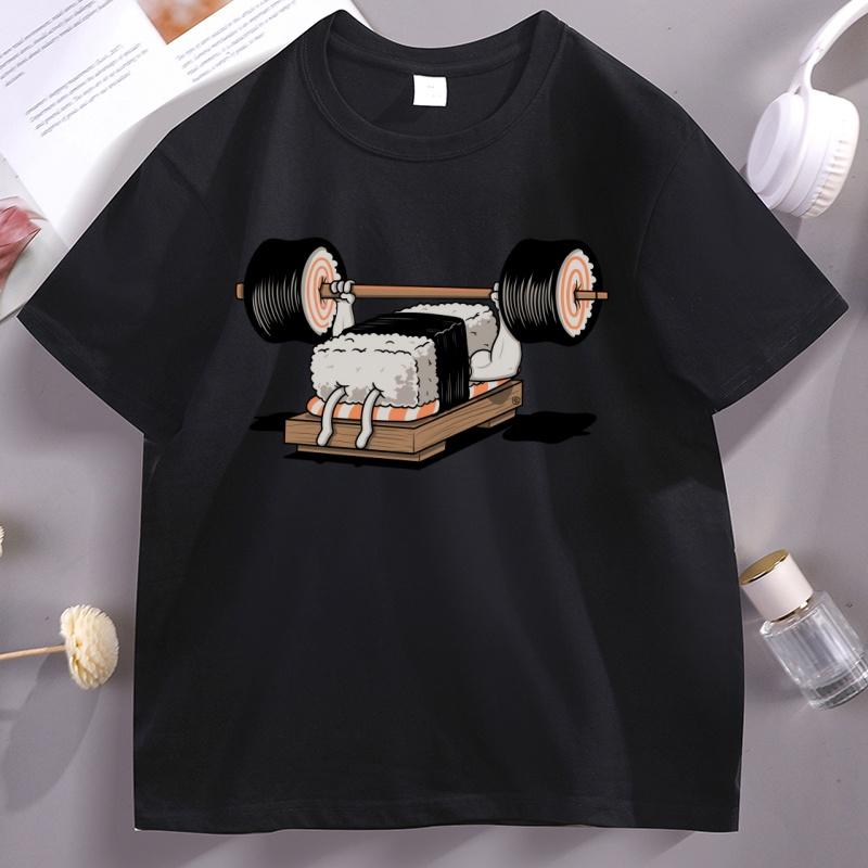 Funny Sushi Weight Lifting Tshirt Man Cotton Short Sleeve Round Neck T Shirt Men Women Casual Loose Breathable Tees Streetwear