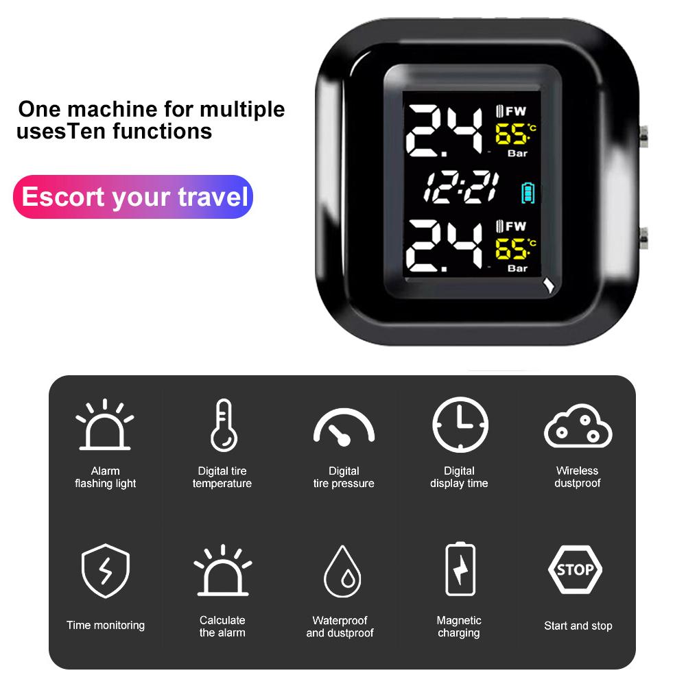 Motorcycle TPMS Motor Tire Pressure Tyre Temperature Monitoring Alarm System With 2 External Sensors Magnetic USB Quick Charging