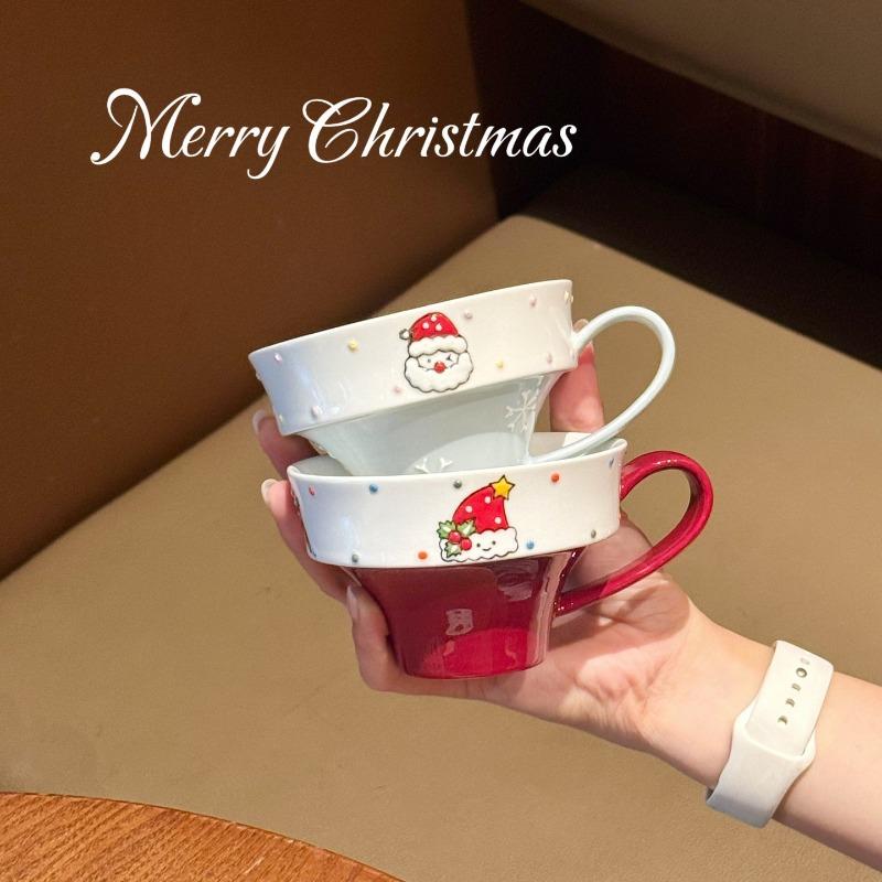 Cartoon Style Ceramic Christmas Coffee Cup and Saucer Set Hand-Painted Household Water Mug Creative Festive Gift for Holiday