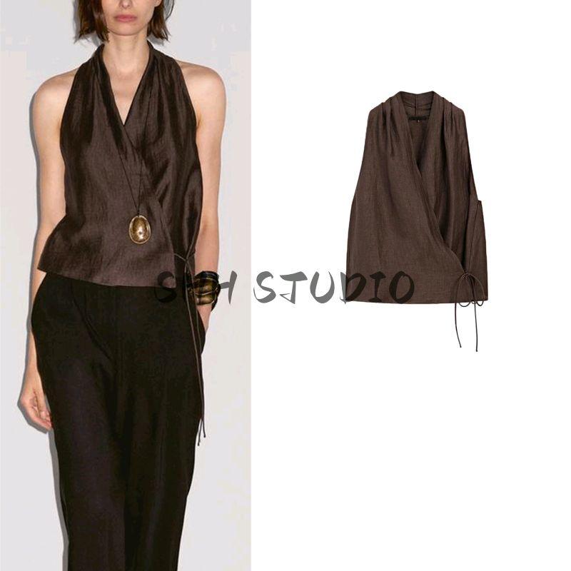 MD Summer Women's Clothing Minimalistic Temperamental Old Money Style Vacation Style V-neck Halter Sleeveless Short Shirt Tops 5124533