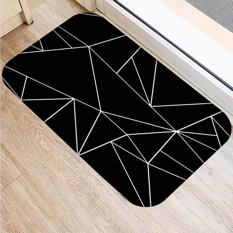 Anti-slip Bathroom Door Mat Oil-proof Kitchen Rug Bedroom Living Room Black and White Geometric Print