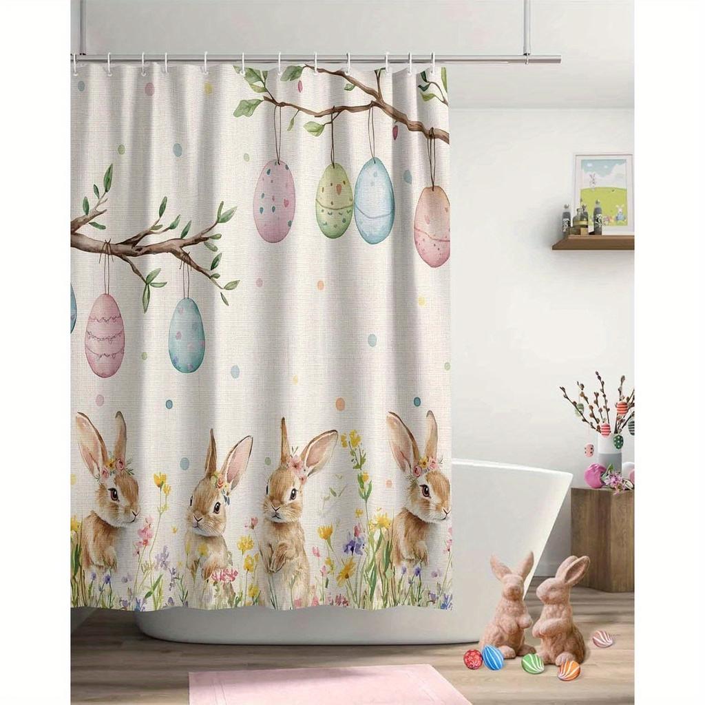 Easter Egg Rabbits Shower Curtain - Spring Flowers & Bunny Design, Funny Bathroom Decor,Polyester Fabric, Bath Curtain Set