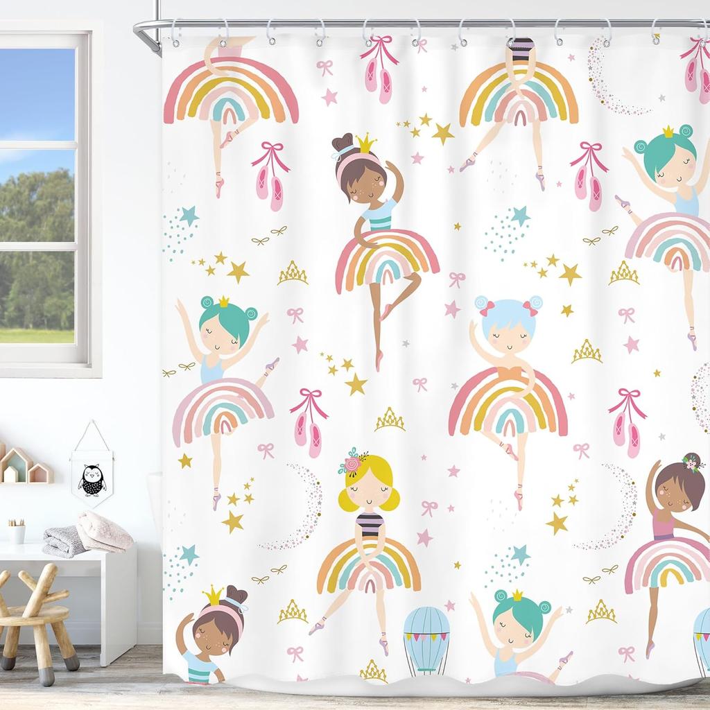 Kids Girls Purple Rainbow Shower Curtain Boho Rainbow Lavender Polka Dots Cartoon Cute Princess Vintage Preppy Girly Bathroom