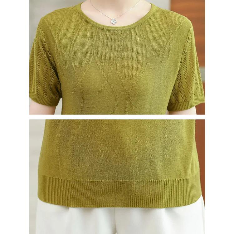 Summer Women's Ice Silk Knitted T-shirt Mom Summer Outfit Thin Hollow Out Knitted Top Short Sleeve