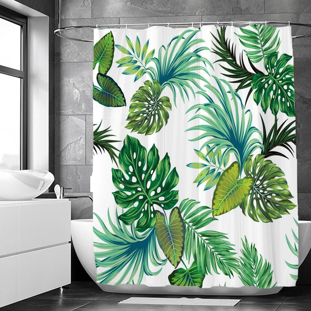 Green Plant Leaves Print Shower Curtains Watercolor Boho Floral Waterproof Morden Bathroom Bathtub Curtain Room Decor With Hooks