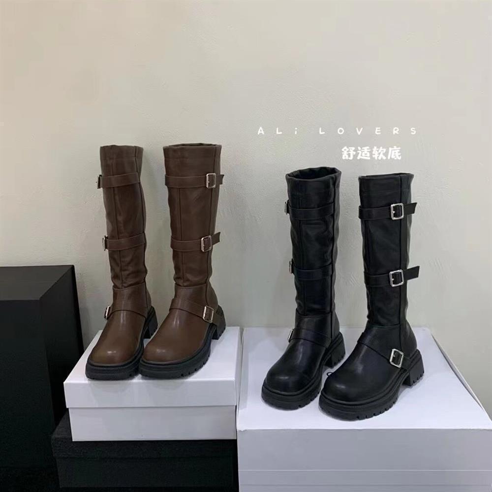 High Boots Women's 2025 Autumn and Winter New Models But Knee Thick Heel Retro Knight Boots French Belt Buckle Platform Boots
