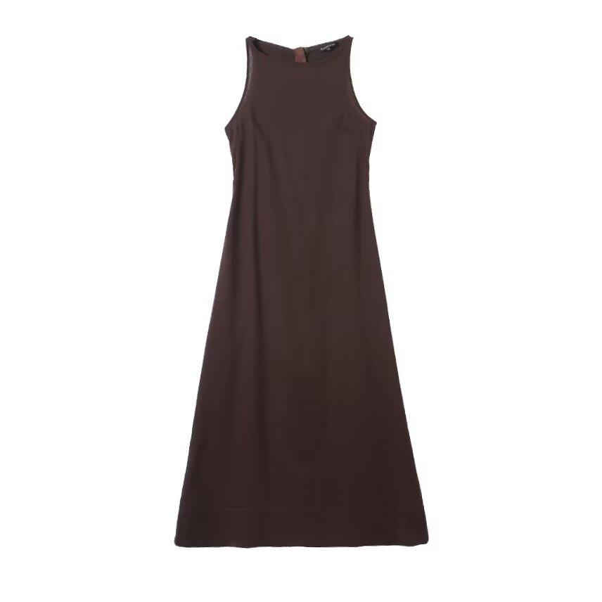 European and American style, new women s clothing, foreign style simple French slim linen suspender long dress S темно-коричневого