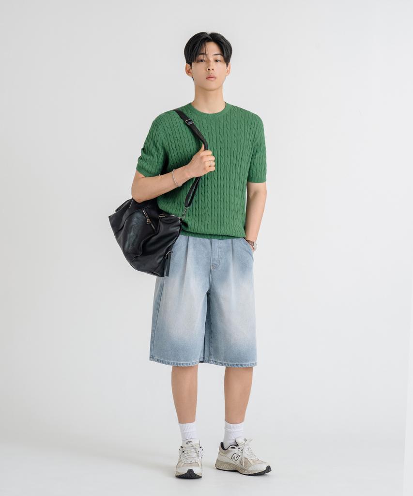 LEMAIN SECOND Oversized Washable Crew Neck Cable Short Sleeve Knit [Green]