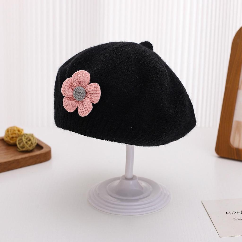 Autumn & Winter Children's Wool Beret with 3D Flower Design