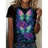 Butterfly Women's Round Neck  Summer Outdoor Fashion Short Sleeve Tops Flower Printing OverSized