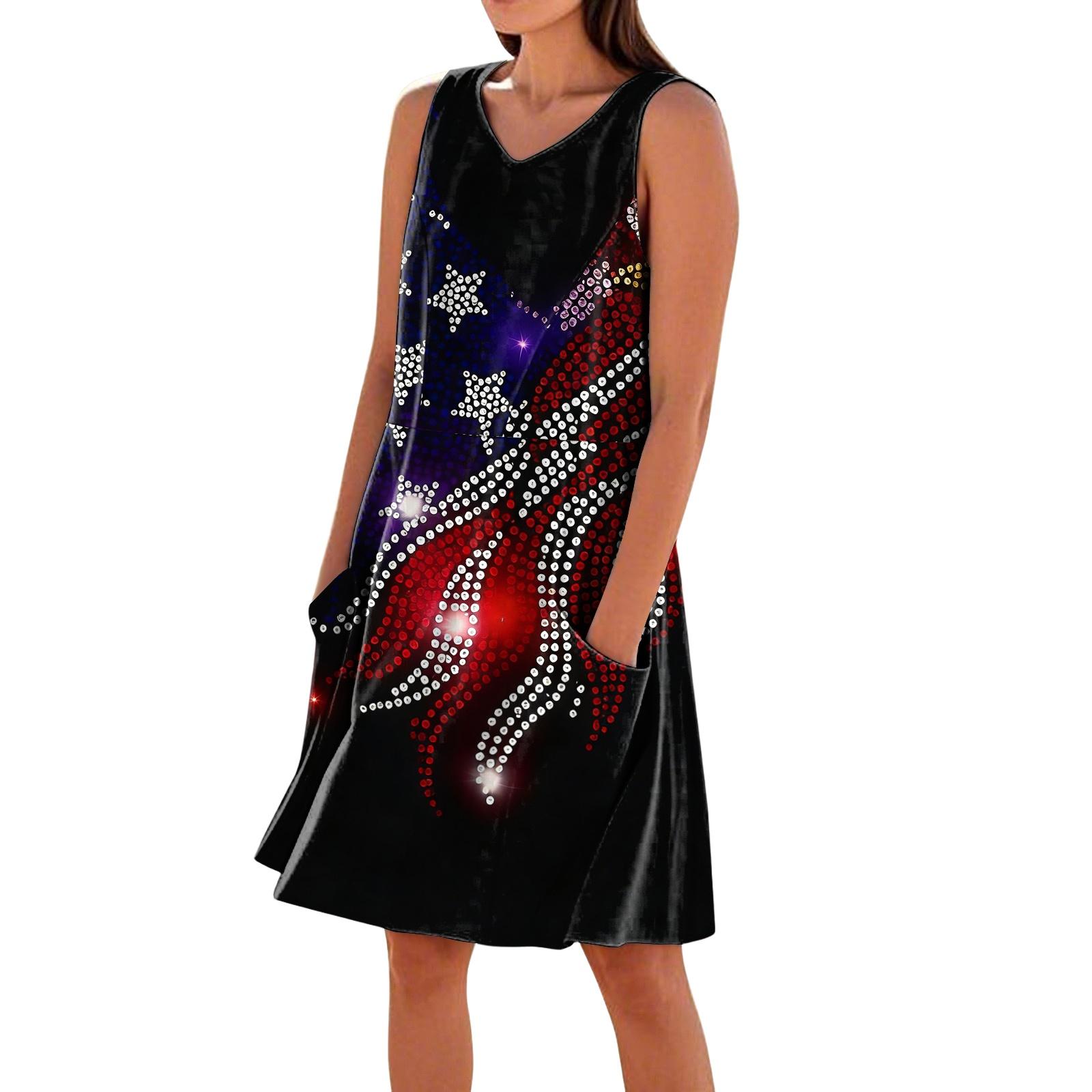 

Women Sleeveless V Neck Casual Dress with Pockets Printed Loose Fit Knee Length Comfortable Summer Wear S чёрный