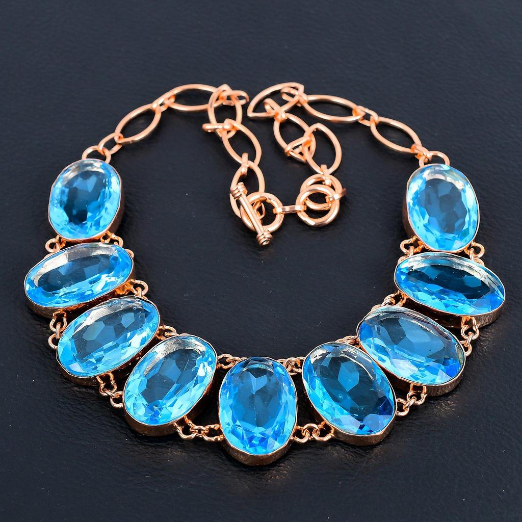Colier cu topaz albastru, bijuterii tip colier, bijuterii lucrate manual cu topaz din cupru, cu lanț reglabil pentru ea