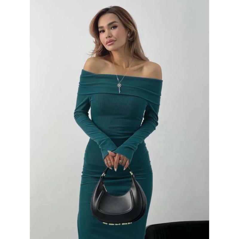 Damen Frühling Sommer Langarmkleid mit Hüftbedeckung, freier Schulter, Schlitz aus reiner Baumwolle gestrickt, mittellang, Abendkleider