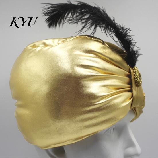 Gold Satin Carnival Headpiece Unisex Arab India Turban Hat, Golden Sultan Hat with Gem And Versatile Role Play Headgear Feather, Novelty Easter