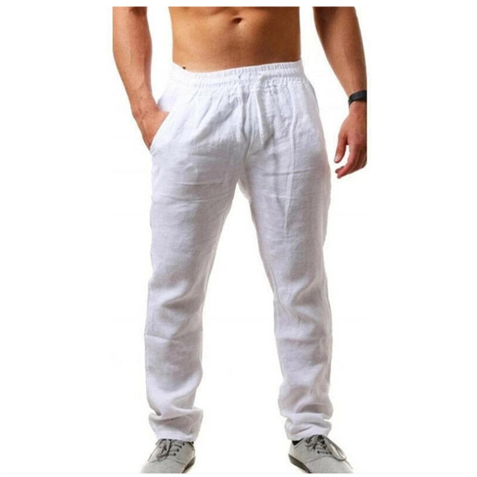 

Мужские модные льняные дышащие свободные длинные брюки, однотонные прямые брюки M белый