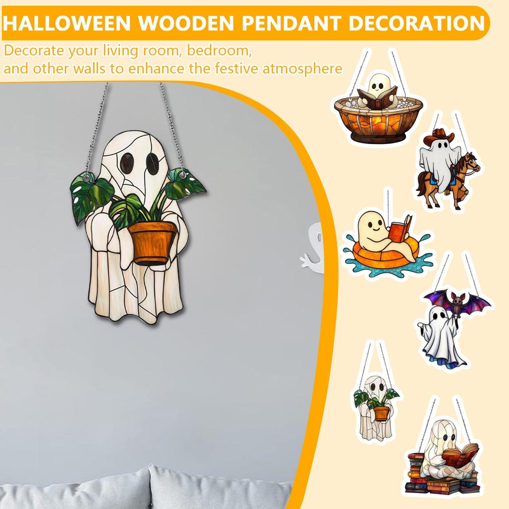Halloween Ghost-Themed Painted Wooden Hanging Ornament