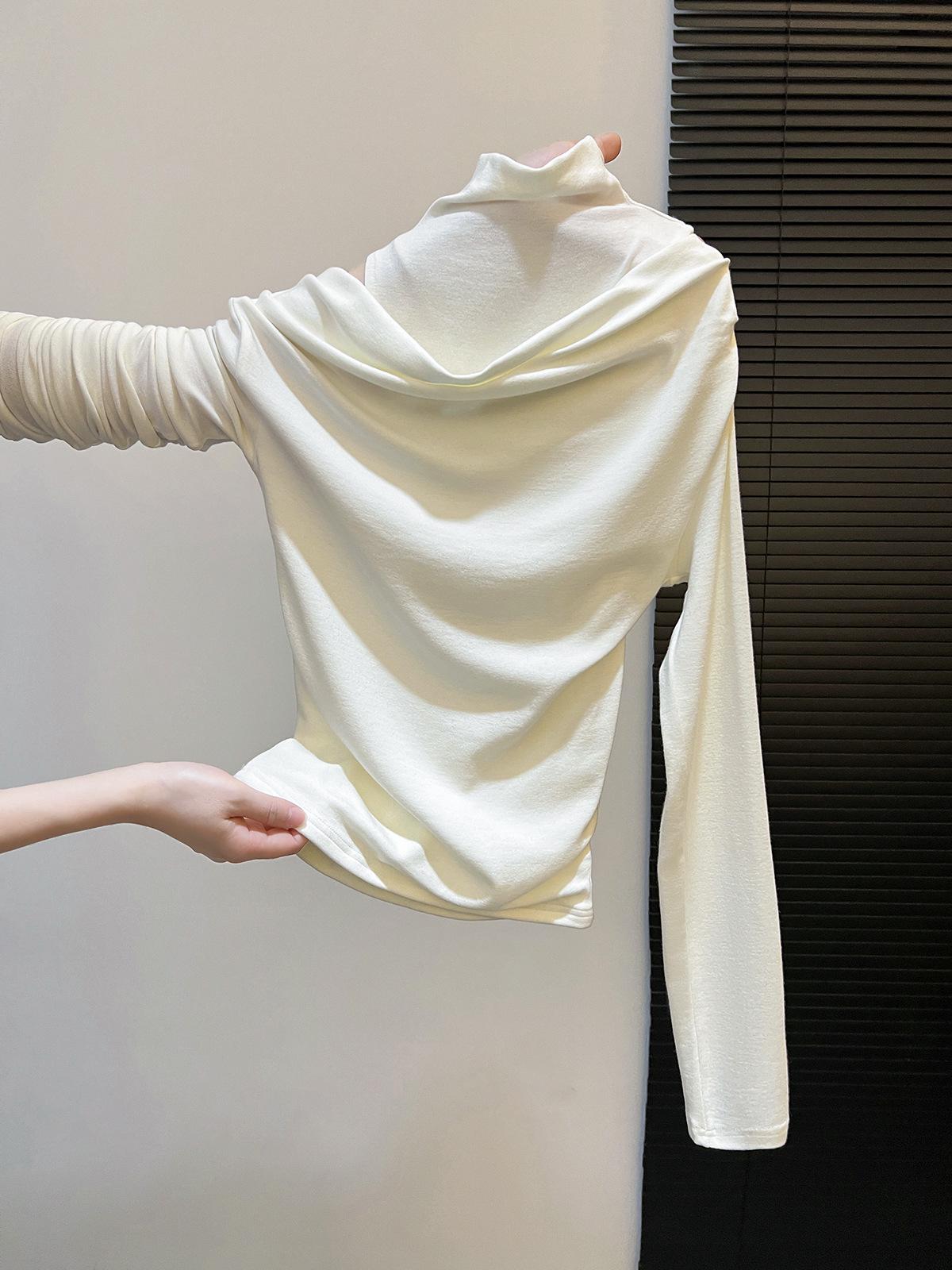 Women s Slim-Fit High-Neck Irregular Faux Two-Piece Long-Sleeve Top with Off-Shoulder Design for Autumn and Winter. Large абрикосовый