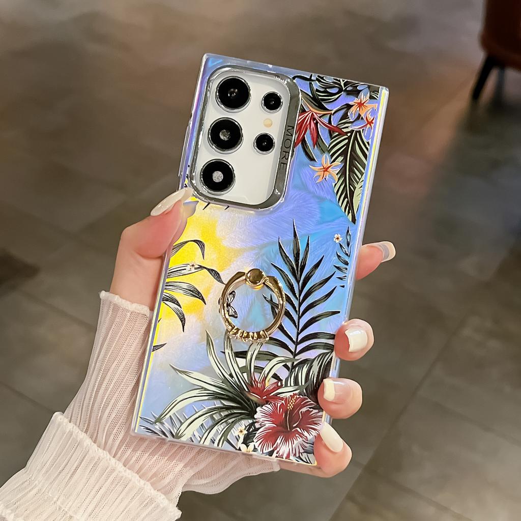Electroplating Laser Flower Imd Hard Shell Suitable for Samsung S25ultra Ring Bracket S24Plus Mobile Phone Case A56