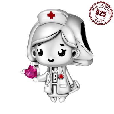 925 Silver Cartoon Nurse Beads DIY Bracelet Jewelry Gift for Birthday Party Decoration Accessory