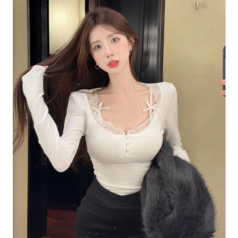 Pure Desire Style Spice Girl Lace Long-sleeved T-shirt Women's Spring and Autumn Slim-fit Design Shirt with Warm Backing Top