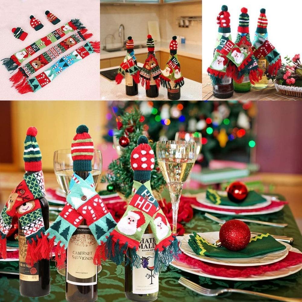 Christmas Wine Bottle Cover Mini Xmas Hat Santa Scarf Cute Wine Bottle Scarf Hat Decors for Christmas Party Table Decorations