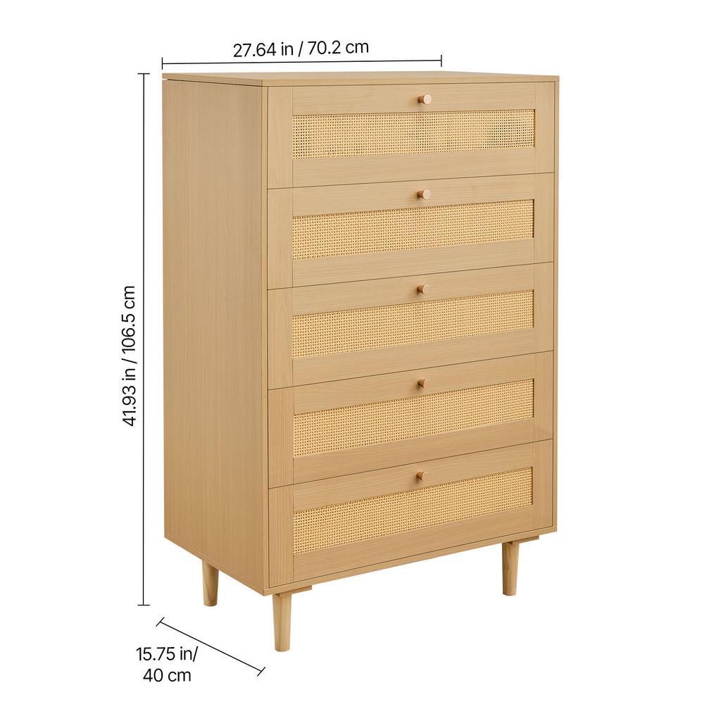 SucceBuy Rattan Dresser for Bedroom Natural Rattan Chest of Drawer with Metal Handle Modern Wood Clothing Organizer & Storage