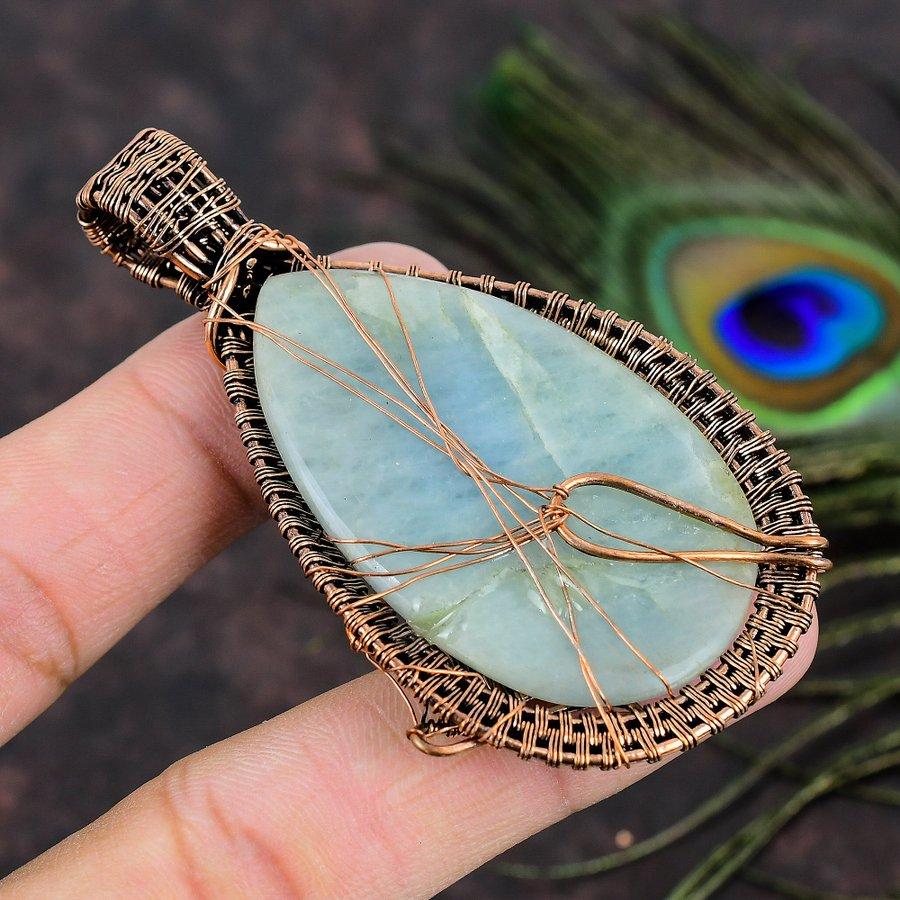 Natural Aquamarine Gemstone Handmade Copper Wire Wrap Gift Pendant 3.03 h9U63
