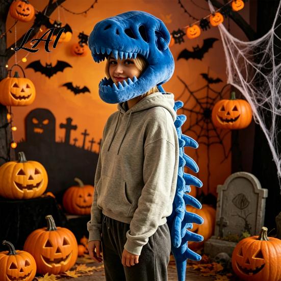 Halloween Party Decor Dinosaur Skeleton Costume 3D Spinosaurus Skull Masque Headpiece And Spine Decoration Plush Hood Costume for Halloween,