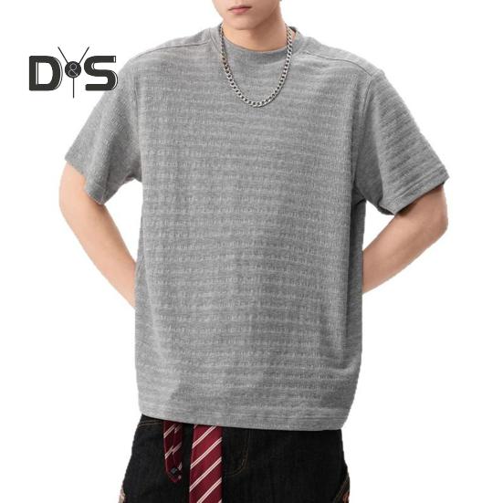 Men T-shirt Round Neck Short Sleeve 3D Striped Jacquard Design Tee Shirt Solid Color Loose Fit Summer Casual Tops