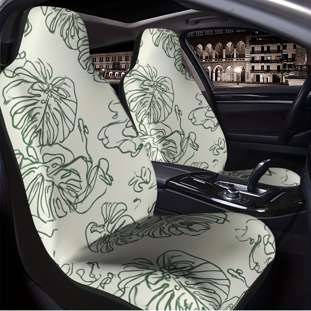 2 Stück Monstera Blatt Line Art Autositzbezüge - Moderne minimalistische Vordersitzbezüge mit grünem Blattmuster, Passend für Fahrer & Beifahrer