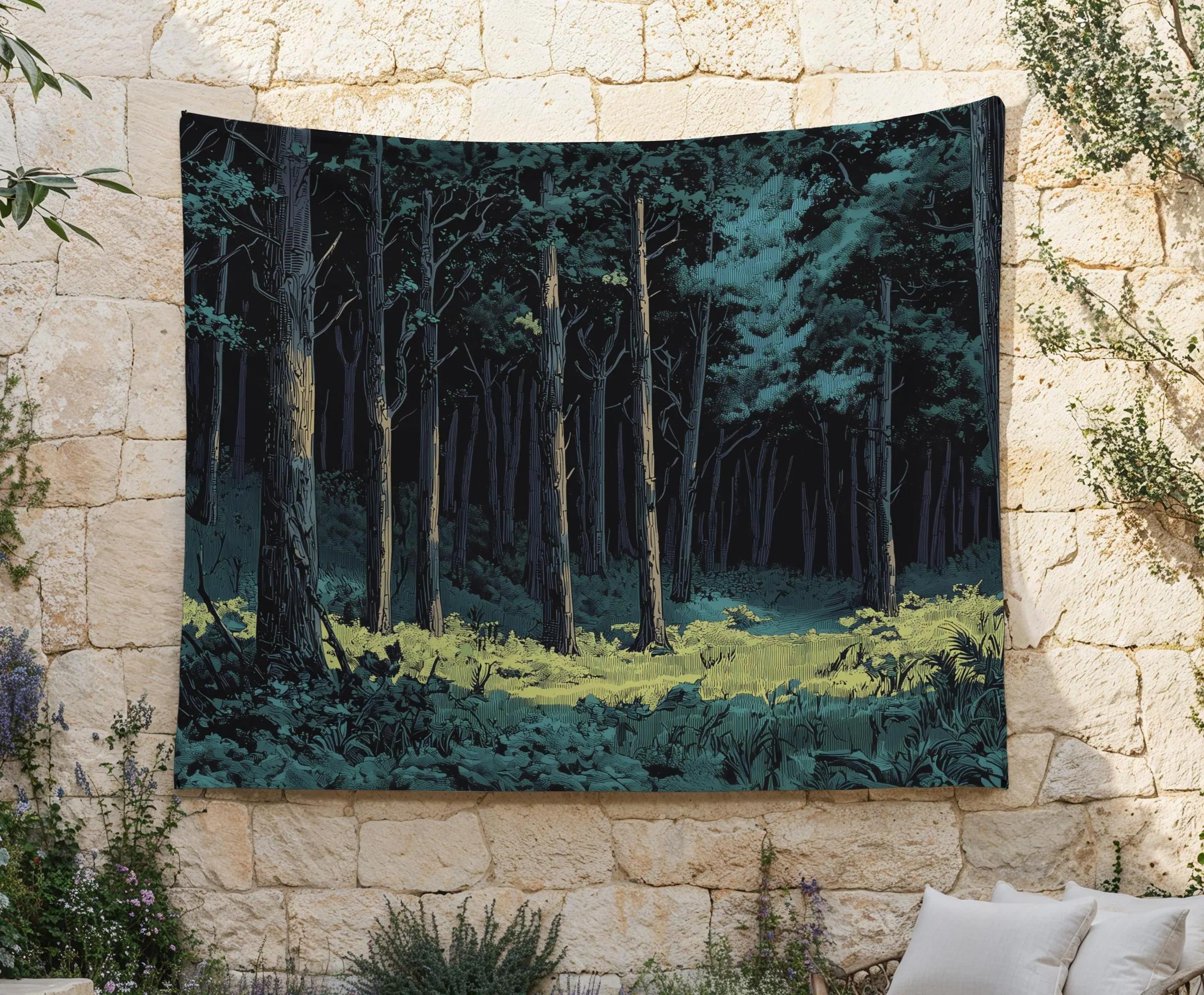 Queen Forest Peaceful Morning Tapestry Sunrise Forest Wall Hanging Green Forest Wall Hanging Calm Aesthetic Fabric Hanging Cozy 100X70CM