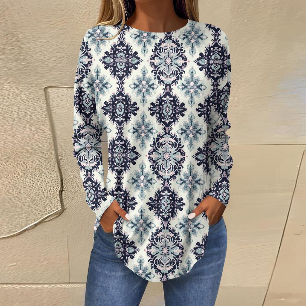 Shirts For Women Cute  Vintage Pattern Print T-Shirt Long Sleeve Tunic Tops Cotton Pullovers