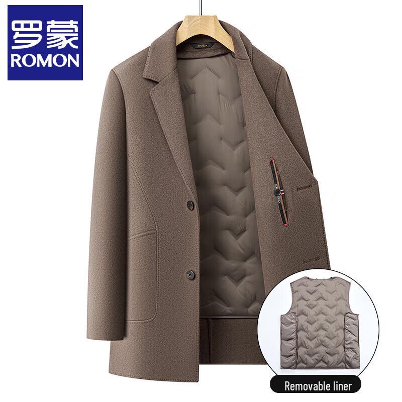 Romon Men's Mid-Length Wool Blend Overcoat with Detachable Goose Down Liner