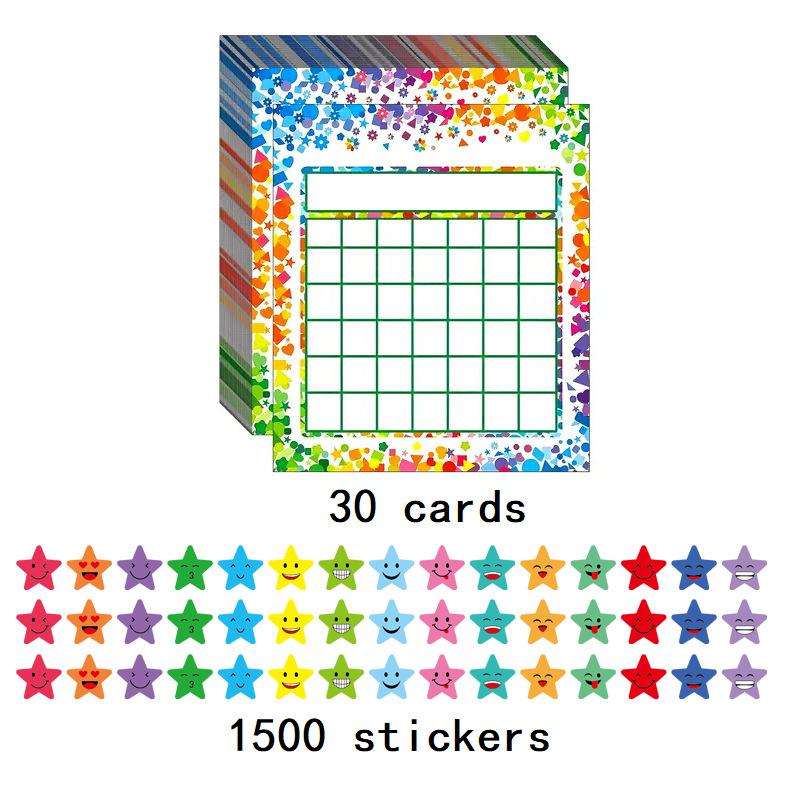 

30 листов, 1500 наклеек-звездочек, реквизит для классной комнаты, карточки для поощрения, детские коллекционные штампы, таблицы наград 30sets+1500PCS