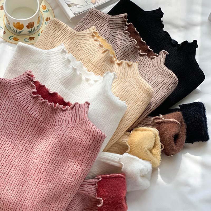 Women Winter Thicken Slim Turtlneck Sweater Plus Velvet Long Sleeve Soft Knitted Pullover Casual Thermal Knitting Bottoming Shirt