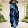 Women Plus Size Round Neck Short Sleeve Printed Loose Maxi Dress With Side Pockets
