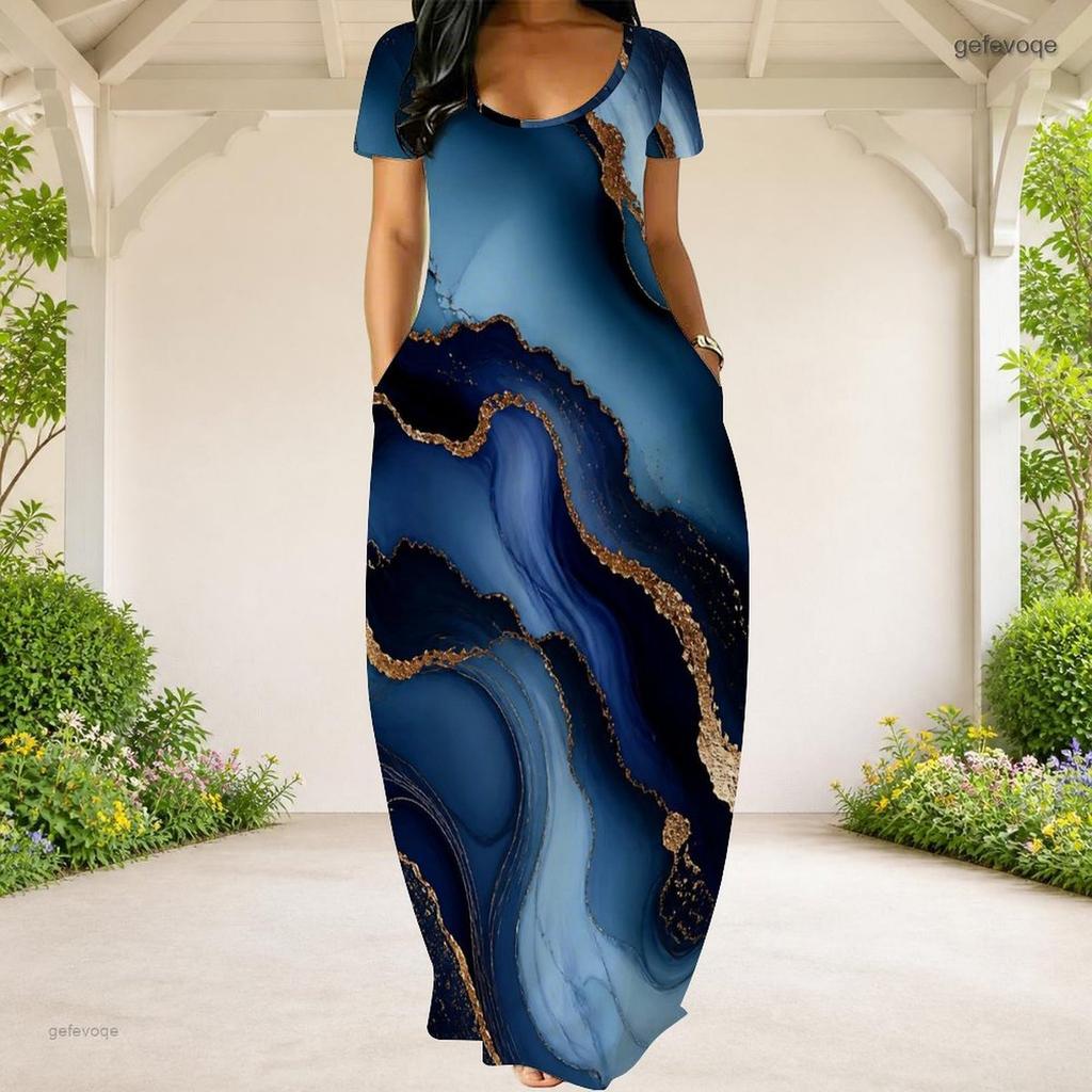 Women Plus Size Round Neck Short Sleeve Printed Loose Maxi Dress With Side Pockets