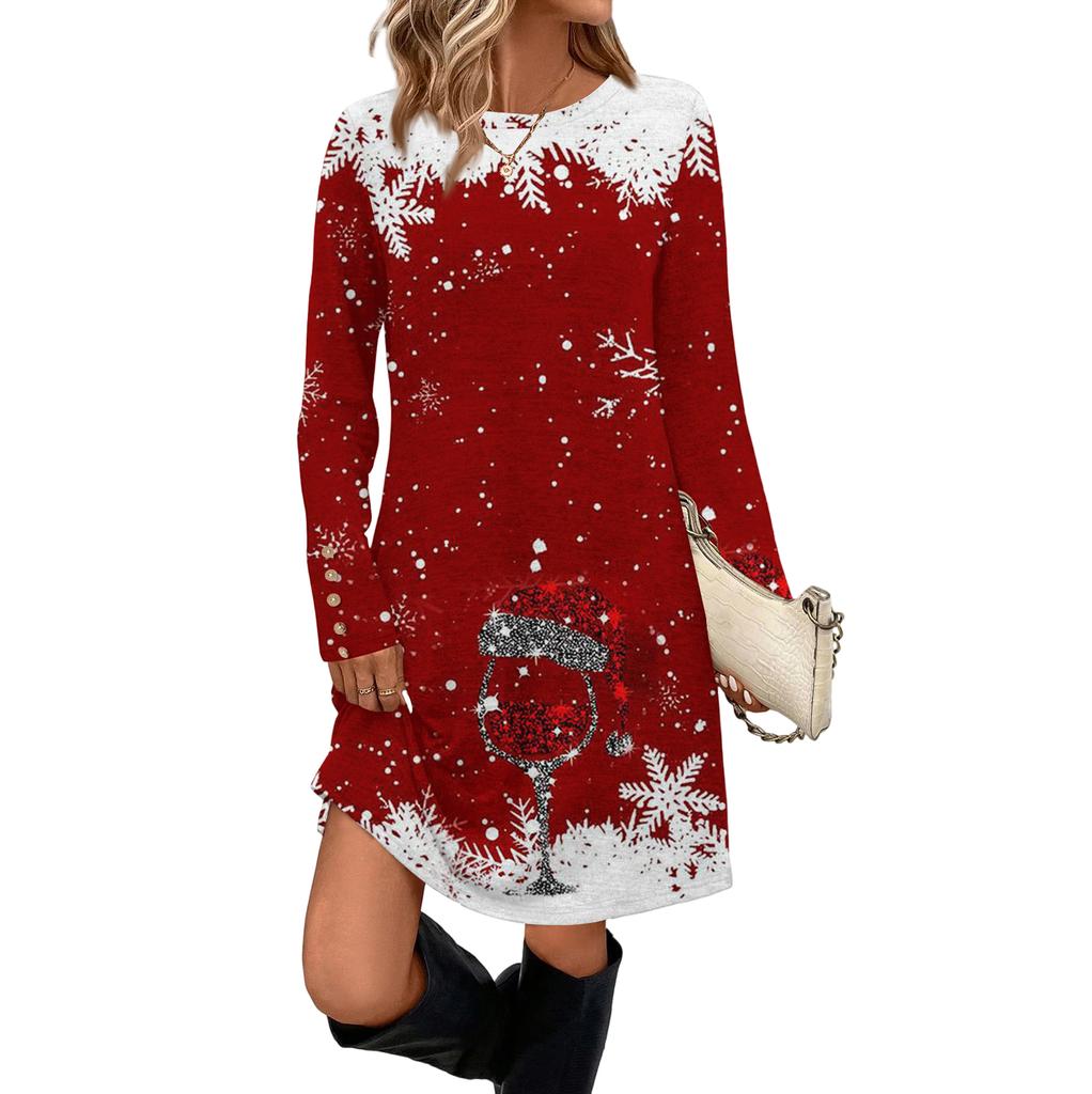 Women's Fashion Casual Dress With Pockets, Decorative Buttons, Christmas Prints, Round Neck And Long Sleeves