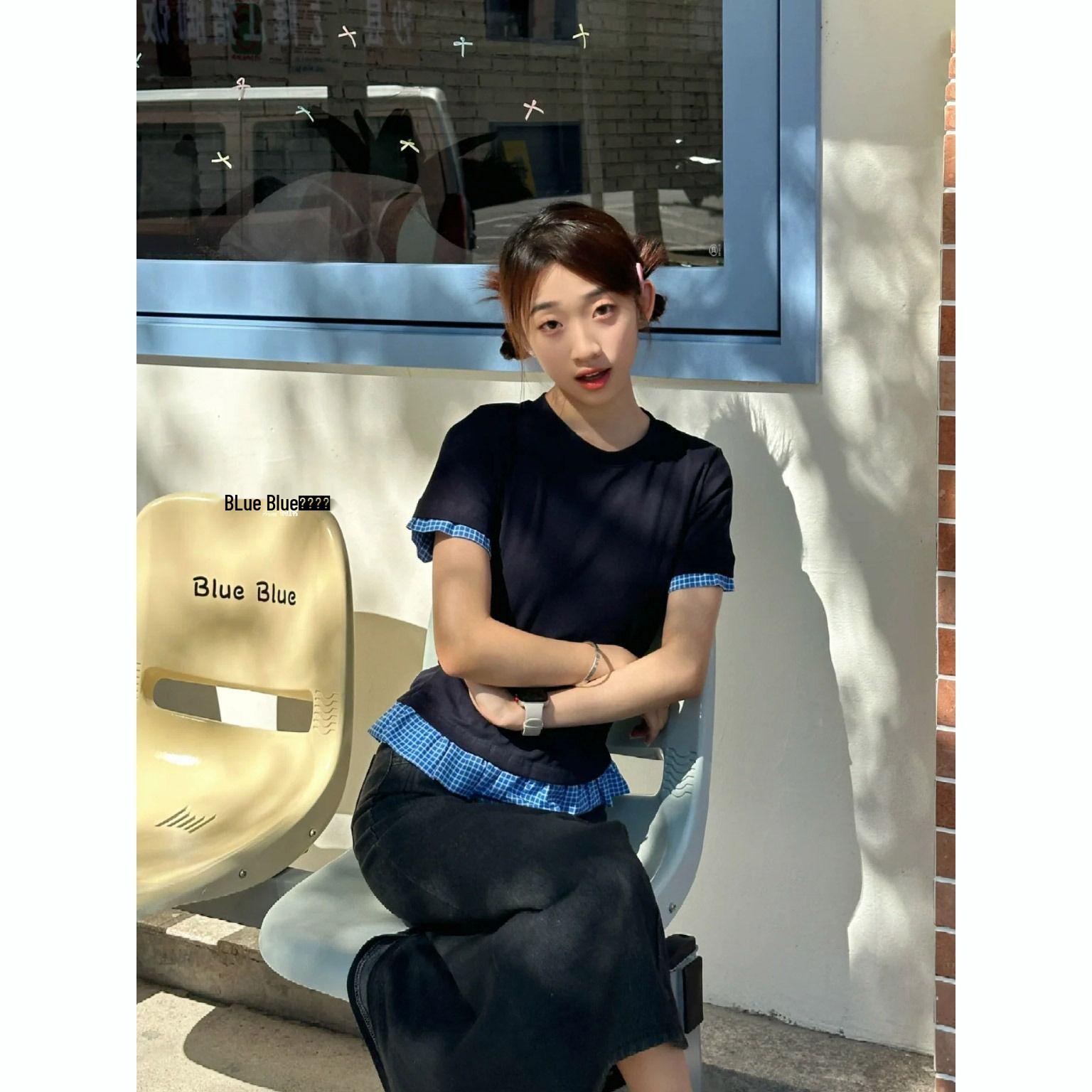 

Plus Size Women s Slimming Patchwork Blue Crew Neck T-Shirt - Summer Trendy Fake Two-Piece Top Large чёрный