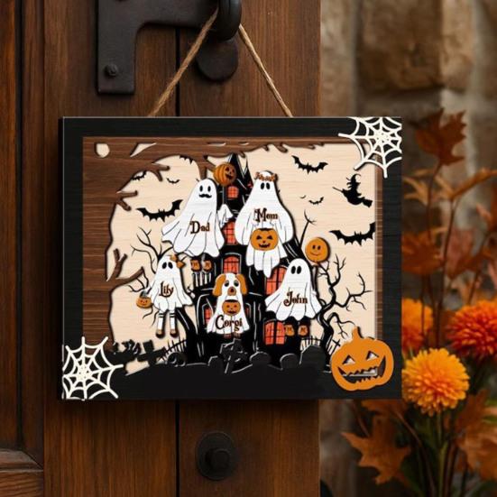Halloweenská rodinná cedule s duchem Dřevěný fotorámeček s duchem Stolní dekorace pro Halloween Selský police Stolní domácí dekorace