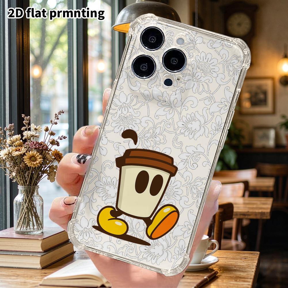 Phone Case: 2D Flat Suitable for iPhone 18 17 16 15 14 13 Pro, Transparent Corners Protective Case, Coffee Cup Cartoon, Christmas and Halloween Gifts