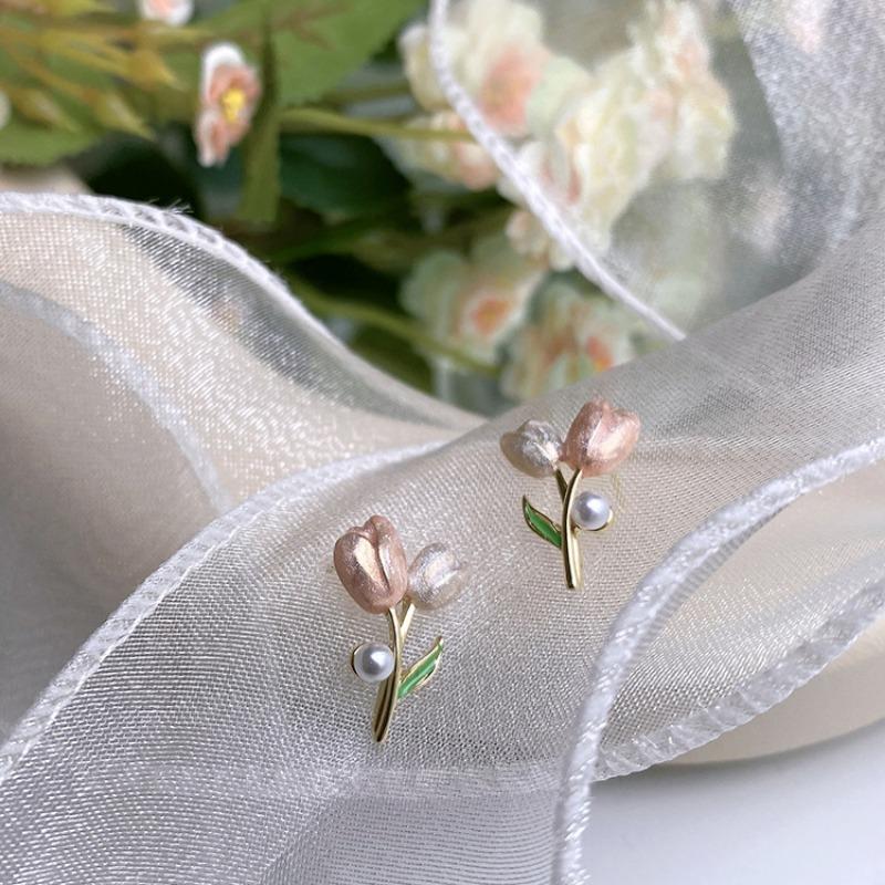 French Light Luxury Pink Tulip Flower Pearl Stud Earrings For Women Korean Zircon Exquisite Earring Party Christmas Jewelry Gift