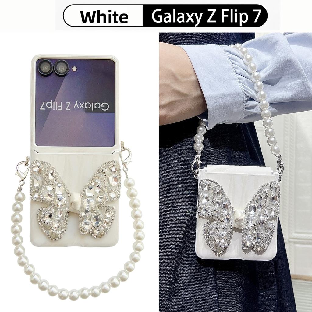 Butterfly Diamond and Gorgeous Pearl Wrist Phone Case for Samsung Galaxy Z Flip 7 FE 6 5 4 Start Wrist Strap Protective Cover
