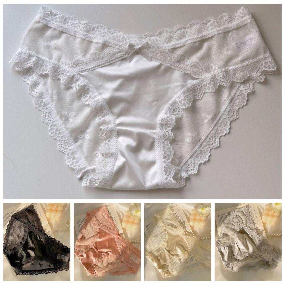 Sweet Low Waist Lace Panties Mesh Lingerie Lace Bow Briefs Satin Silk Underwear for Women Girl