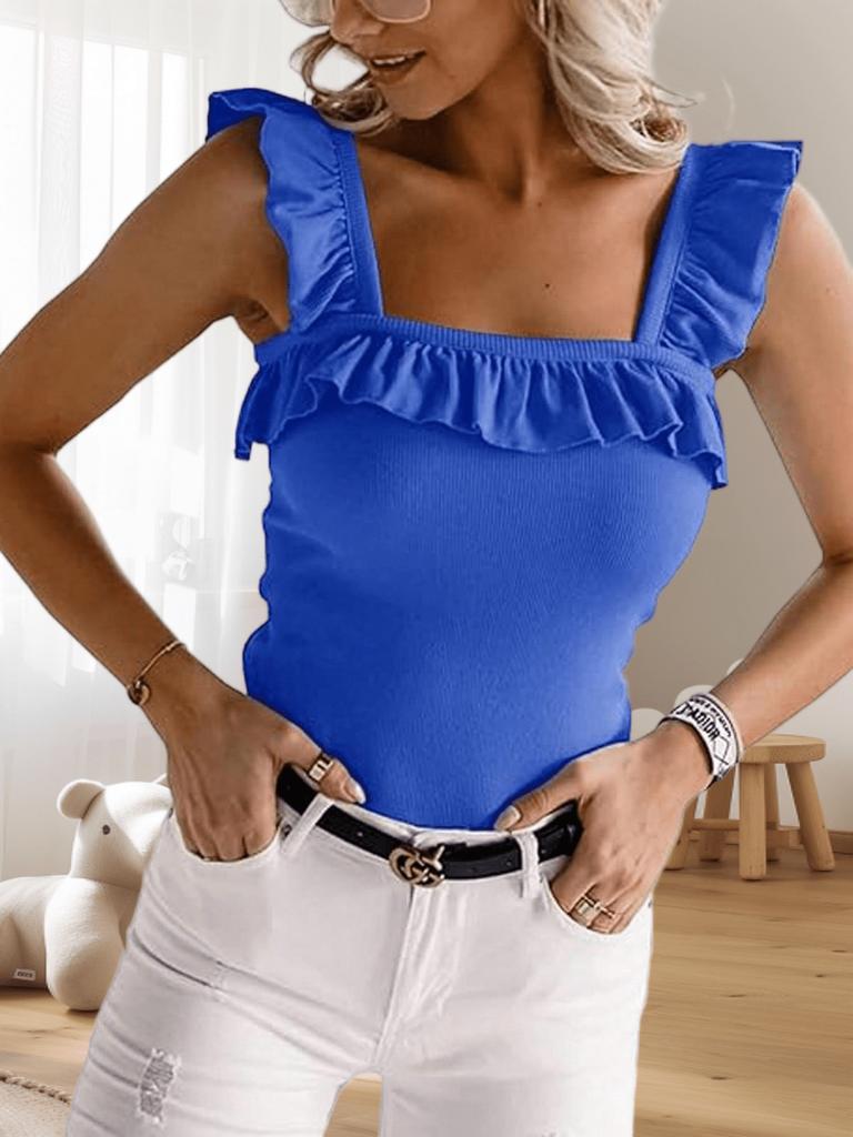 Women's Ruffle Strap Camisole Square Neck Sleeveless Knit Top Solid Summer Tank