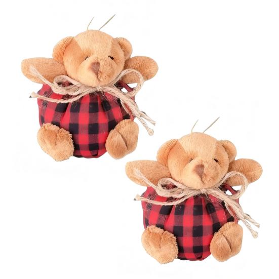 2Pcs Mini Plaid Bear Ornaments Christmas Tree Hanging Decor Cute Bear Keychain Festive Xmas Stocking Stuffer Gifts